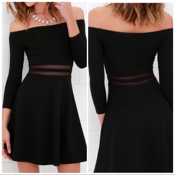 Lulus Dresses & Skirts - LuLus Black Sheer Waist Off Shoulder Skater Dress